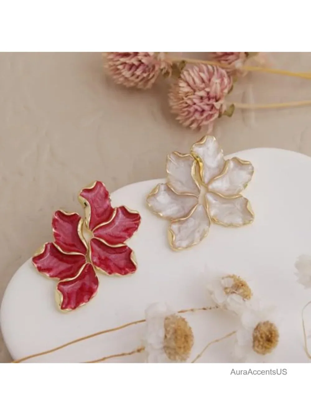 14K Gold Plated Flower Petal Stud Earrings for Women Enamel Floral Dazzling